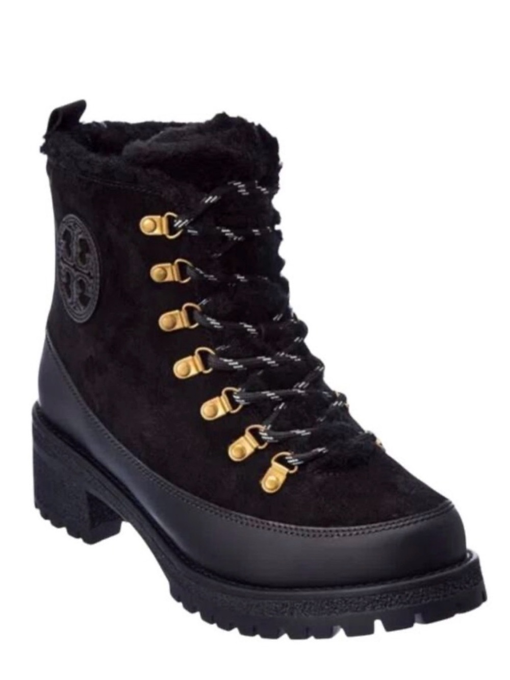 Tory Burch Black Lace-Up Fur-Trim Combat Thea Suede Shearling Boots